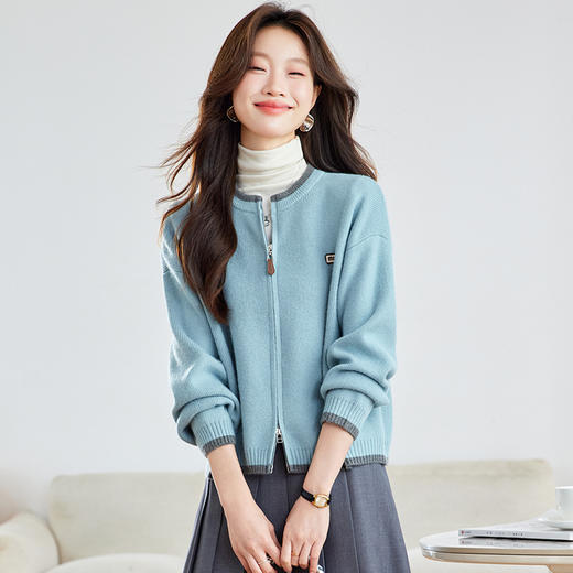 早秋双拉链短款针织开衫，宽松慵懒风毛衣外套拼色上衣CC-22-2713 商品图3