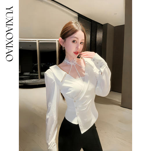 余潇潇【月光诱惑】时尚精致蕾丝花边手工钉珠收腰绑带衬衫两件套 商品图3