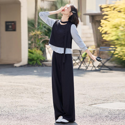 KX8505套装女2025秋季新款女装飘带拼接洋气衬衫阔腿裤两件套 商品图3
