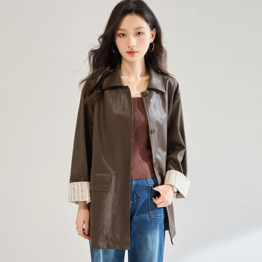 「高货sh」全新升级【铂金会员477/天猫639/差价162】(04445)洛诗琳时尚条纹拼接皮衣2025秋季复古翻领百搭风衣外套女 商品图3