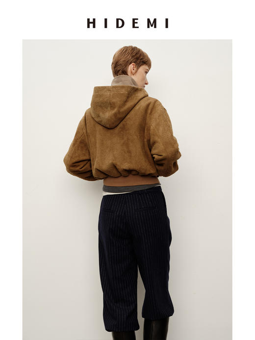 HIDEMI 进口长绒绒麂皮极简短款外套复古做旧连帽夹克短款皮衣 商品图3