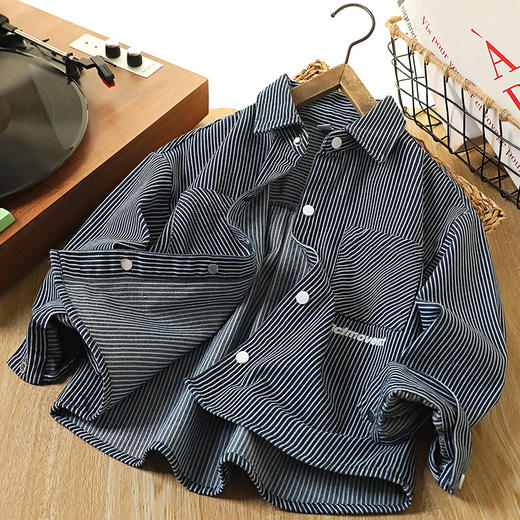 童装男童牛仔衬衫秋装新款儿童洋气中大童长袖衬衣条纹男孩外套潮 商品图1