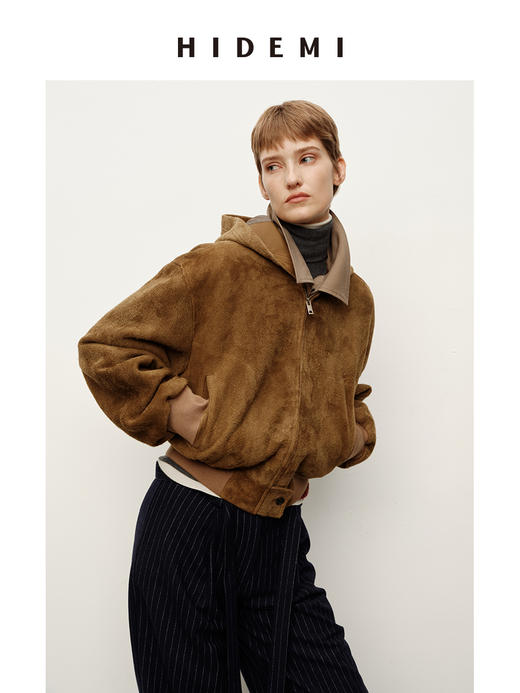 HIDEMI 进口长绒绒麂皮极简短款外套复古做旧连帽夹克短款皮衣 商品图0