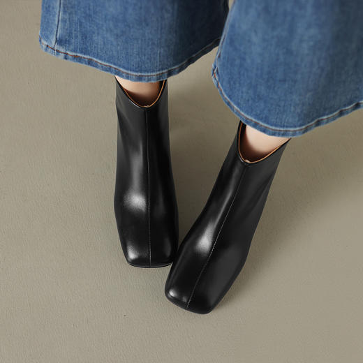 阿么手工女鞋高跟极简风秋冬复古短靴5.5CM真皮通勤小方头弹力靴 商品图4