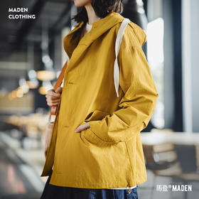 马登姜黄色户外薄款宽松梭织连帽抽绳防风工装夹克休闲外套女士秋