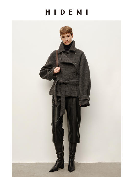 HIDEMI 进口羊毛强梭圈圈艺术感翻领不对称腰带廓形毛呢外套大衣 商品图3