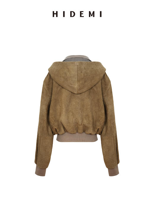 HIDEMI 进口长绒绒麂皮极简短款外套复古做旧连帽夹克短款皮衣 商品图6