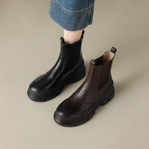 阿么手工女鞋秋冬百搭英伦风烟筒靴厚底4CM时尚真皮短靴女不累脚 商品图1
