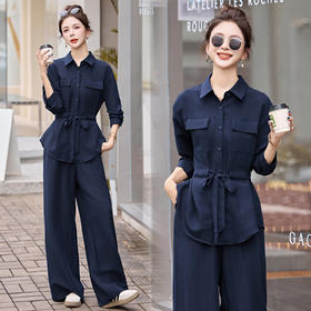 时尚藏青色两件套裤2025秋季新款polo领长袖系带衬衫阔腿裤套装LNS9765