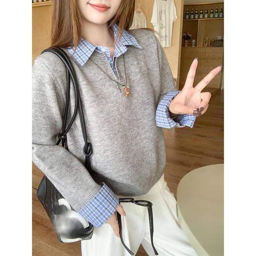 <曾小咸推荐>假两件Polo领格纹针织衫【预售款，预计3-15天发货】 商品图0