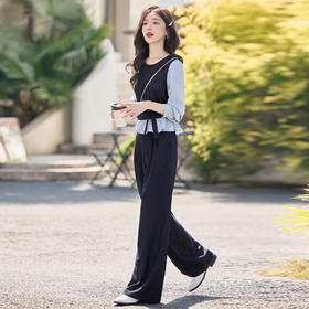 KX8505套装女2025秋季新款女装飘带拼接洋气衬衫阔腿裤两件套