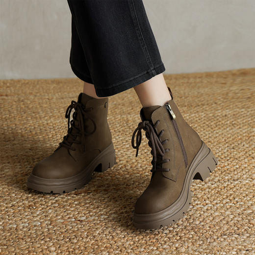 阿么手工女鞋厚底系带马丁靴女款真皮2025百搭大黄靴轻便短靴6CM 商品图2