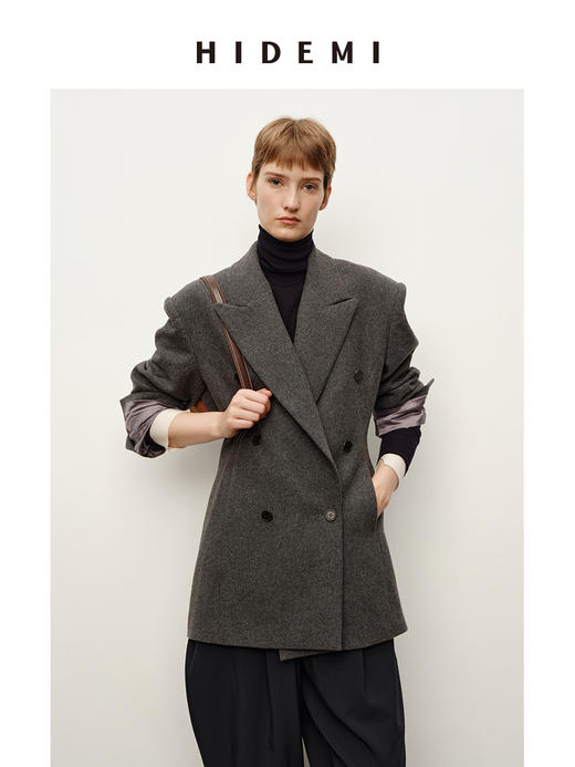 HIDEMI 进口美利奴羊毛毛呢西装外套双排扣中长款收腰显瘦大衣女 商品图1