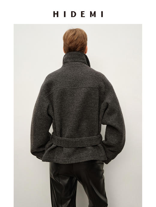 HIDEMI 进口羊毛强梭圈圈艺术感翻领不对称腰带廓形毛呢外套大衣 商品图6