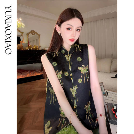 余潇潇【翡翠蝶依】100桑蚕丝新中式珍稀茶香宋锦重工国风刺绣马甲 商品图0