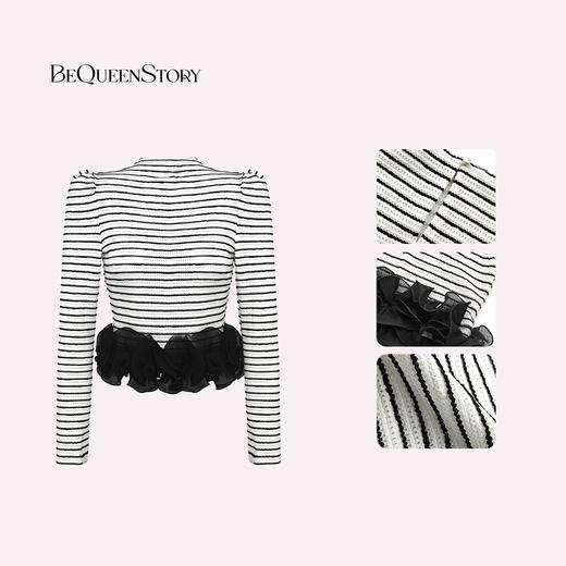 余潇潇【黑白风暴】时尚条纹半高领泡泡袖拼接立体花边针织修身上衣 商品图4