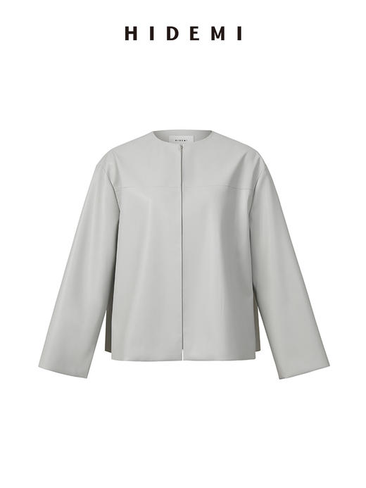 HIDEMI 高级浅灰圆领简约设计感环保皮短外套 商品图1