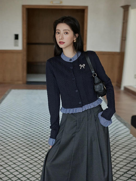 miu感假两件拼接荷叶边针织弹力开衫送胸针 商品图12