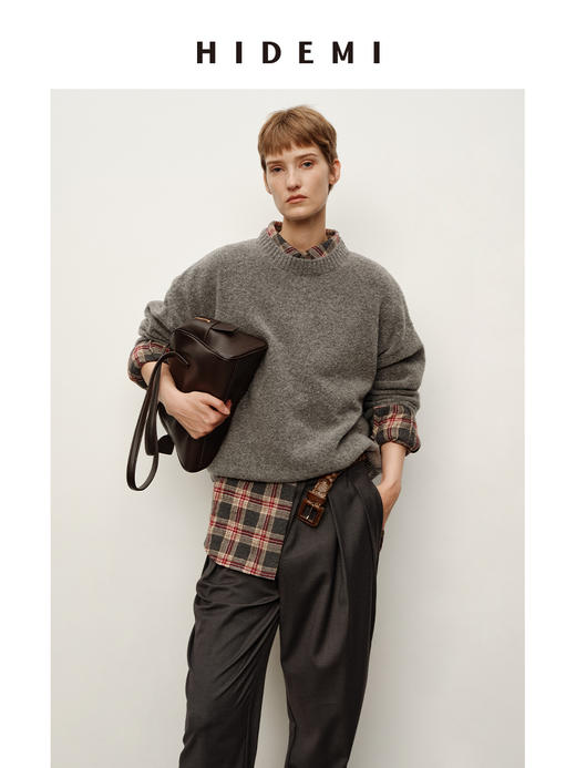 HIDEMI 进口澳洲美利奴圈圈强梭羊毛极简圆领廓形设计感宽松毛衣 商品图5