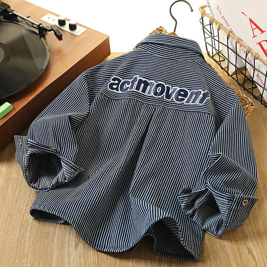 童装男童牛仔衬衫秋装新款儿童洋气中大童长袖衬衣条纹男孩外套潮 商品图3