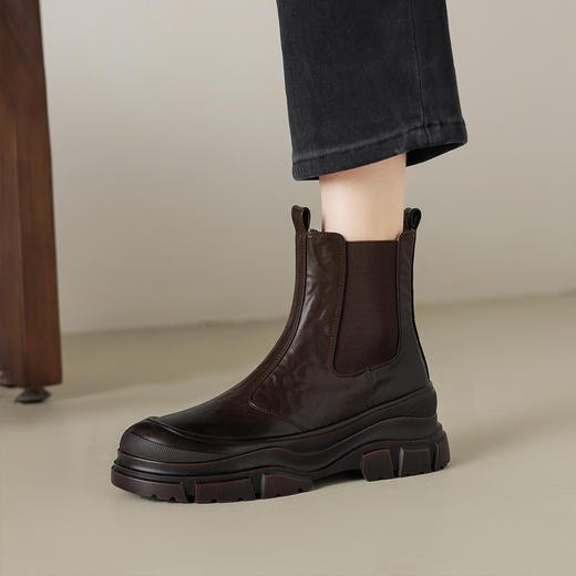 阿么手工女鞋秋冬百搭英伦风烟筒靴厚底4CM时尚真皮短靴女不累脚 商品图4