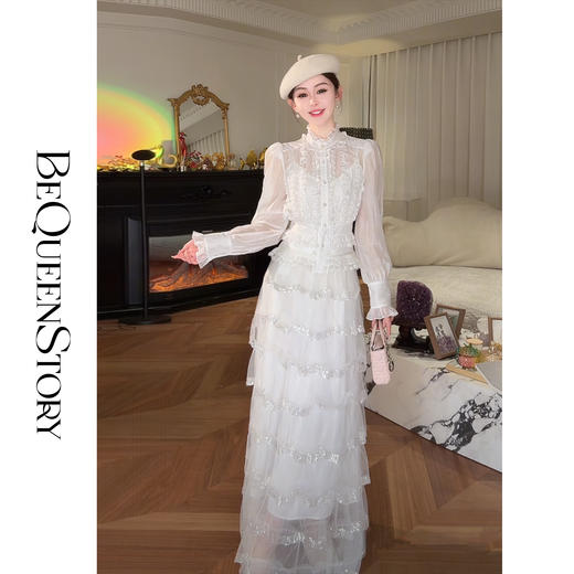 余潇潇【月光私语】法式宫廷风针织透气弹力收腰层次木耳边衬衫 商品图4