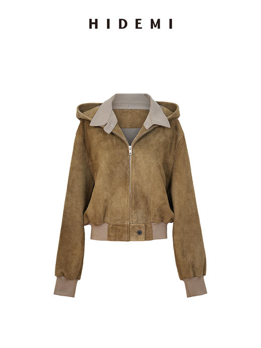 HIDEMI 进口长绒绒麂皮极简短款外套复古做旧连帽夹克短款皮衣 商品图5