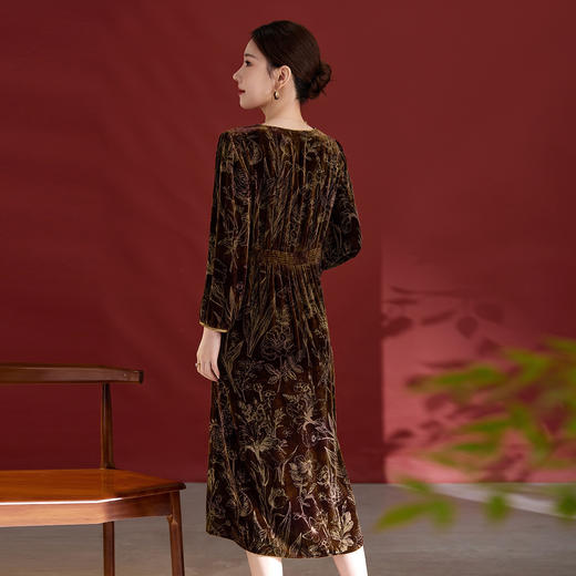 丝绒印花v领中长款优雅，重磅桑蚕丝连衣裙SM-82501829 商品图2