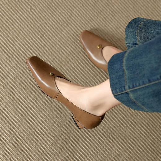 【预售5天】真皮粗跟复古风豹纹小皮鞋，一脚蹬中跟方头浅口山茶花单鞋YX&A1815 商品图1