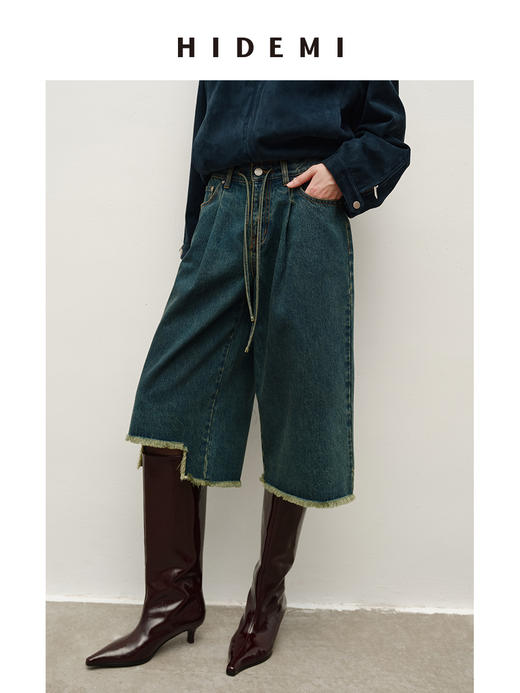 HIDEMI 都市单宁系列手工毛边装饰腰带显瘦时髦中裤牛仔裤配靴神裤 商品图2