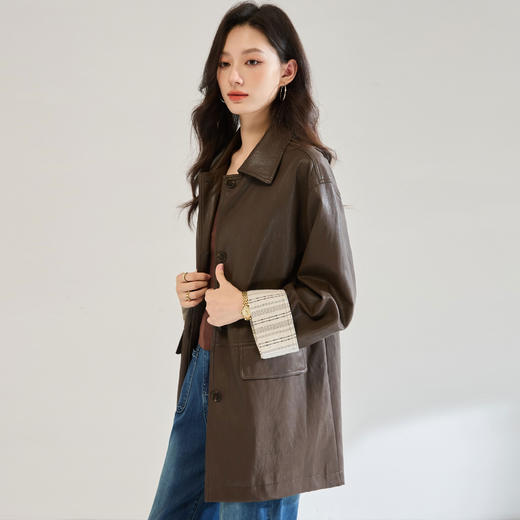 「高货sh」全新升级【铂金会员477/天猫639/差价162】(04445)洛诗琳时尚条纹拼接皮衣2025秋季复古翻领百搭风衣外套女 商品图0