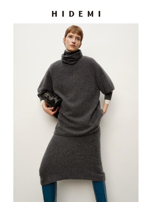 HIDEMI 进口澳洲美利奴羊毛拉毛拉绒工艺可拆卸脖套毛衣半裙套装两件套 商品图5