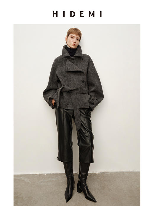 HIDEMI 进口羊毛强梭圈圈艺术感翻领不对称腰带廓形毛呢外套大衣 商品图4