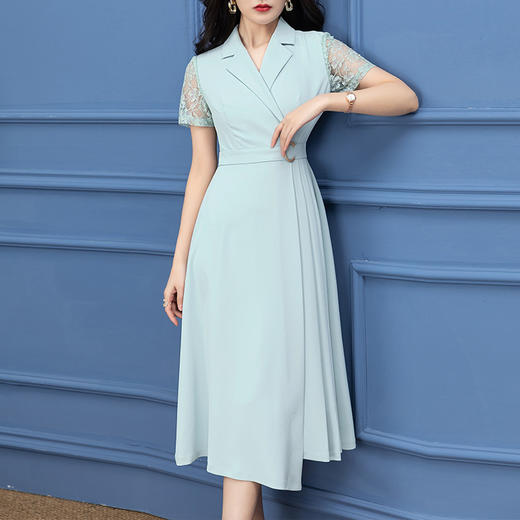 C524绿色连衣裙女夏装2025年时尚简约洋气气质妈妈显瘦短袖薄款中长裙 商品图0