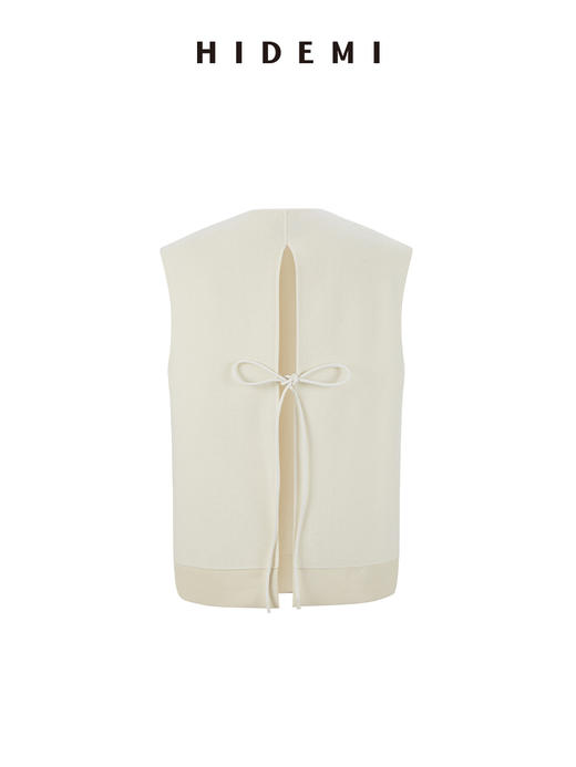 HIDEMI进口澳洲美利奴羊毛极简圆领下摆拼皮设计感后背开衩系带廓形马夹 商品图6