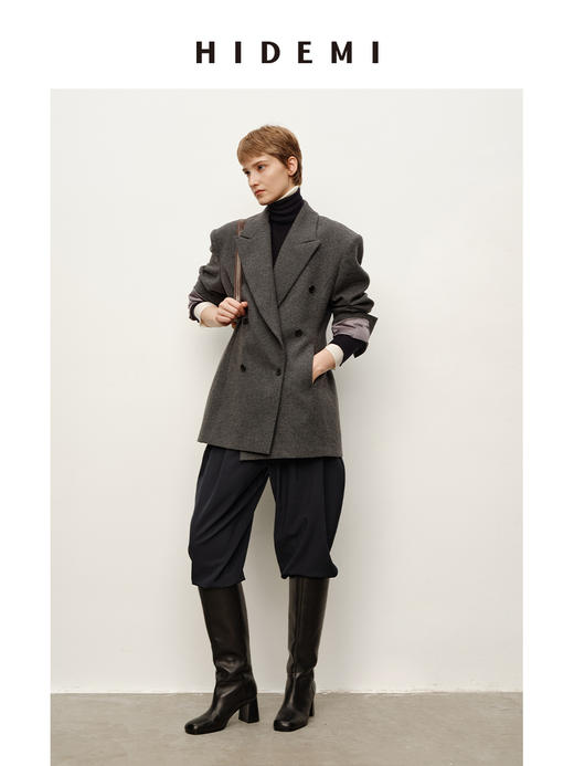 HIDEMI 进口美利奴羊毛毛呢西装外套双排扣中长款收腰显瘦大衣女 商品图2