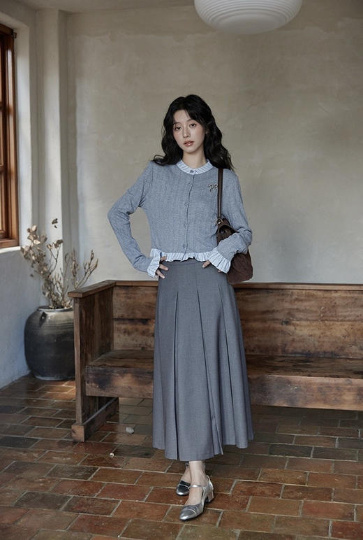 miu感假两件拼接荷叶边针织弹力开衫送胸针 商品图4