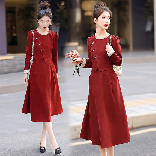 新中式假两件连衣裙女春秋新款正式场合气质订婚长裙LNS9666 商品图3