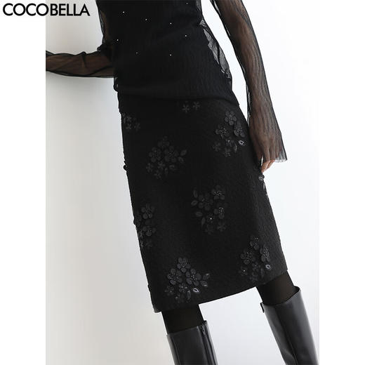 COCOBELLA亮片立体花刺绣新款半身裙冬小个子时尚毛呢裙HS616 商品图0