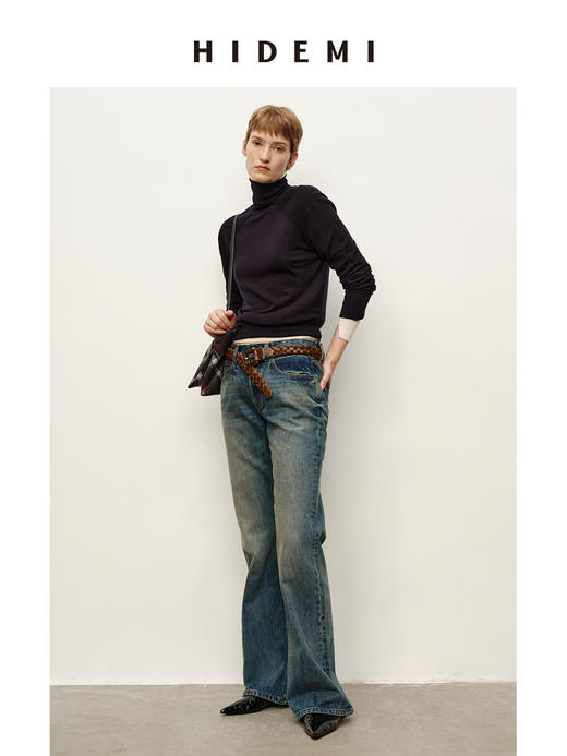 HIDEMI 都市单宁系列猫须水洗做旧感显瘦中低腰喇叭牛仔裤长裤 商品图3