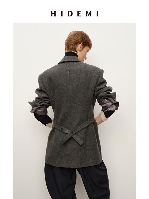 HIDEMI 进口美利奴羊毛毛呢西装外套双排扣中长款收腰显瘦大衣女 商品图4
