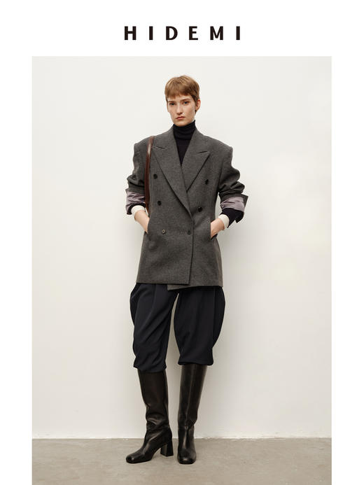 HIDEMI 进口美利奴羊毛毛呢西装外套双排扣中长款收腰显瘦大衣女 商品图3