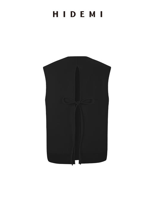 HIDEMI进口澳洲美利奴羊毛极简圆领下摆拼皮设计感后背开衩系带廓形马夹 商品图8