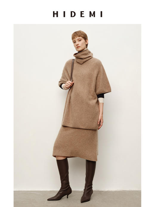 HIDEMI 进口澳洲美利奴羊毛拉毛拉绒工艺可拆卸脖套毛衣半裙套装两件套 商品图4