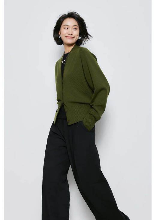 秋冬新款苔藓绿法式极简风V领针织开衫 商品图3