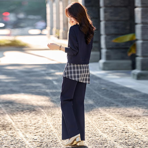 新款2025年秋季圆领时尚拼格子微喇叭裤套装两件套LNS9769 商品图2