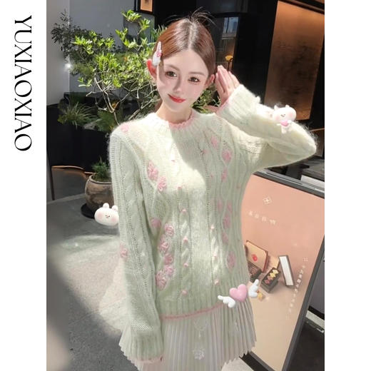 余潇潇【蔷薇岛邂逅】绵羊毛马海毛混纺拼接亮片V领开衫&圆领毛衣 商品图3