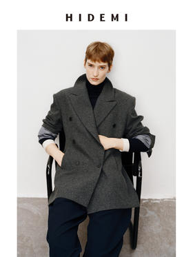 HIDEMI 进口美利奴羊毛毛呢西装外套双排扣中长款收腰显瘦大衣女