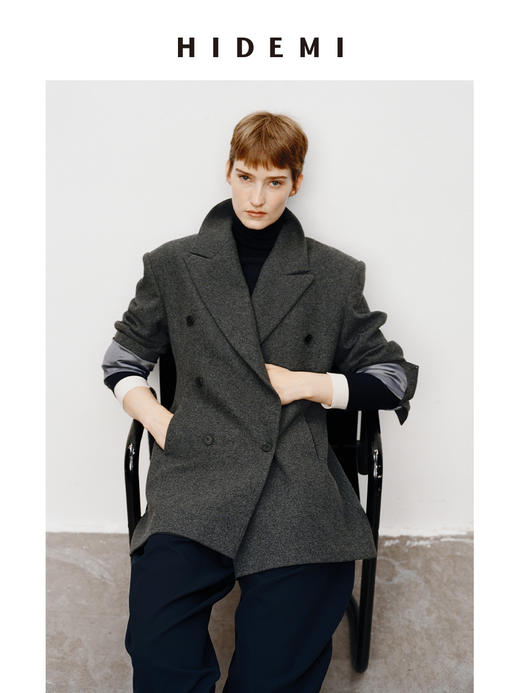 HIDEMI 进口美利奴羊毛毛呢西装外套双排扣中长款收腰显瘦大衣女 商品图0