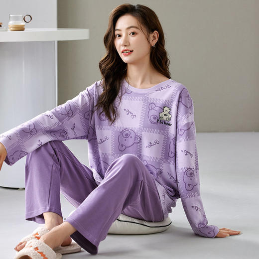 【柔软细腻！吸湿透气】爆款睡衣春秋款女士纯棉长袖长裤秋季薄款圆领韩版宽松家居服套装。rb 商品图1